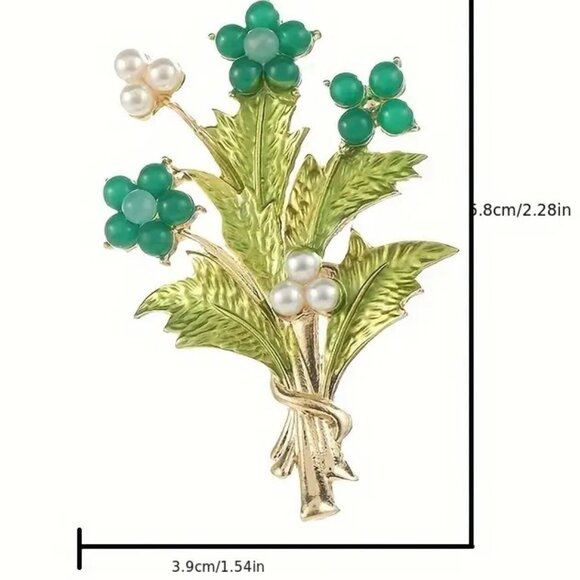 Flower Brooch Pearl Gold Pin Stylish Bouquet Green Stones Elegant Leaves Trendy - Picture 4 of 4